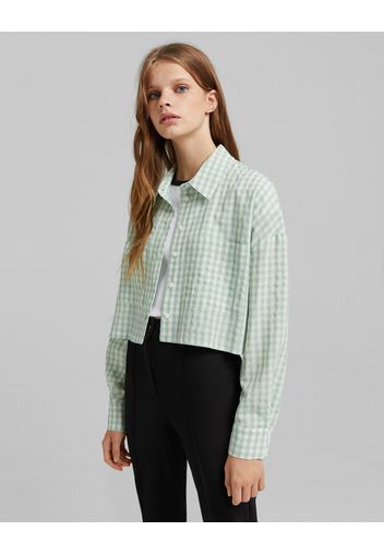 Bershka Camicia Maniche Lunghe Cropped A Quadri Donna S Verde