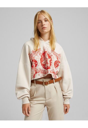 Bershka Felpa Cappuccio Cropped Stampa Donna Xs Camel