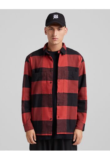 Bershka Giacca Camicia Flanella A Quadri Tasche Uomo S Rosso