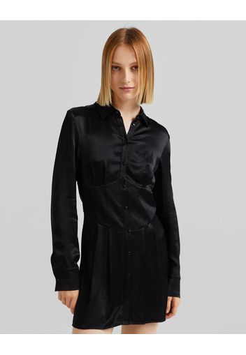 Bershka Vestito Satinato Vita Corsetto Donna M Nero