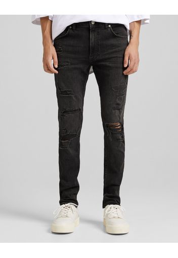 Bershka Jeans Skinny Fit Strappi E Toppe Uomo 48 (Eu 42) Nero