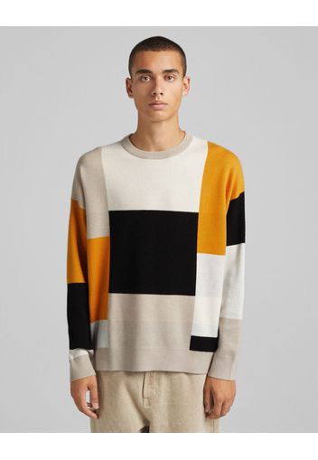 Bershka Pullover Color Block Quadri Uomo L Avorio