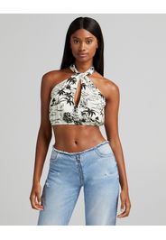 Bershka Top Misto Lino Stampa Tropicale Donna S Avorio