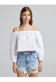 Bershka Camicetta In Popeline Voluminosa Maniche Allacciatura Spalle Donna M Avorio