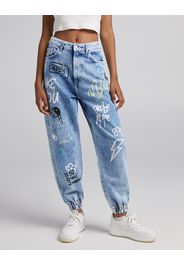 Bershka Jeans Jogger Graffiti Stampa Donna 46 (Eu 42) Azzurro Lavato