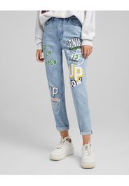 Bershka Jeans Mom Fit Varsity Toppe Donna 10-12 Azzurro Lavato