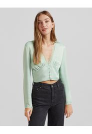 Bershka Camicetta Maniche Lunghe Satinata Scollo Pizzo Donna Xs Verde