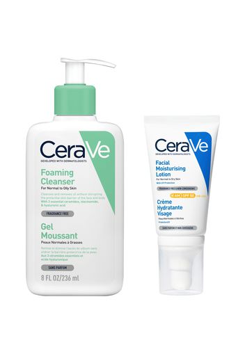 CeraVe Morning Cleanse and Protect Duo for Oily Skin, Cleanser with Niacinamide and Moisturiser with SPF 50 and Hyaluronic Acid