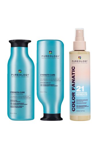 Pureology Strength Cure Shampoo, Conditioner and Color Fanatic Spray Routine for Damaged Hair