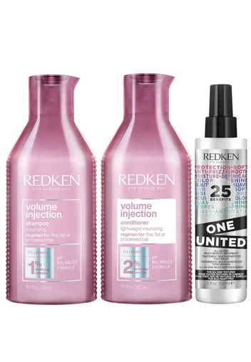 Redken Volume Injection Shampoo, Conditioner and One United Treatment Spray Routine for Fine/Flat Hair