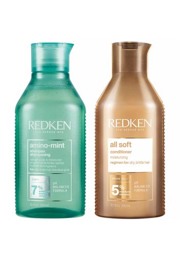 Redken Amino Mint Scalp Cleansing for Greasy Hair Shampoo and All Soft Hydrating Care Conditioner Bundle