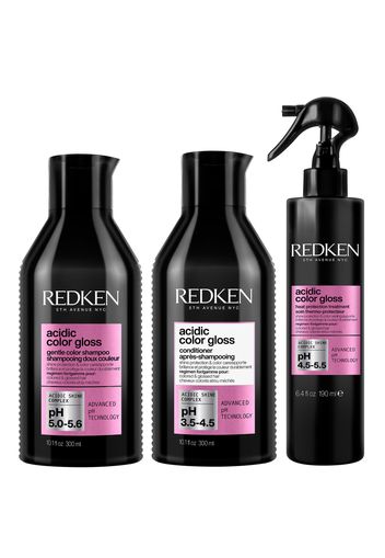 Redken Acidic Color Gloss Shampoo, Conditioner 300ml and Heat Protection Treatment 190ml Bundle