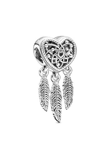 Charm Acchiappasogni Con Tre Piume E Cuore Openwork - Argento Sterling 925 / Sterling Silver