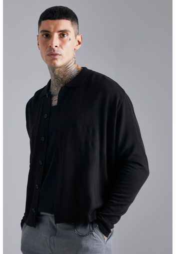 Long Sleeve Boxy Button Down Knitted Shirt, Nero