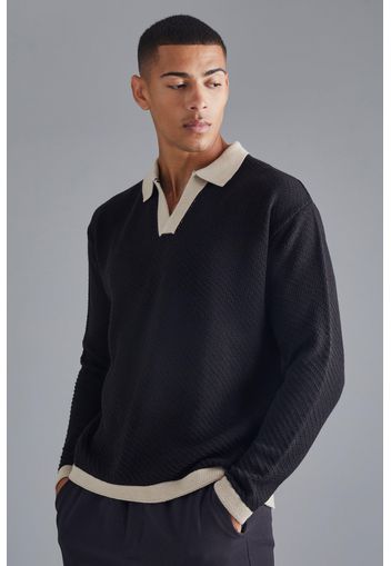Long Sleeved Oversized Contrast Collar Knitted Polo, Nero