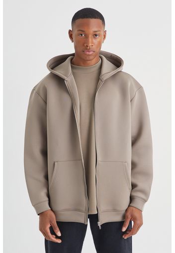 Oversized Zip Through Bonded Scuba Hoodie, Beige