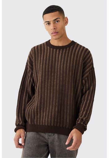 Oversized Crew Neck Two Tone Rib Knitted Jumper, Brown