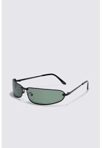 Wrap Lens Metal Sunglasses, Nero