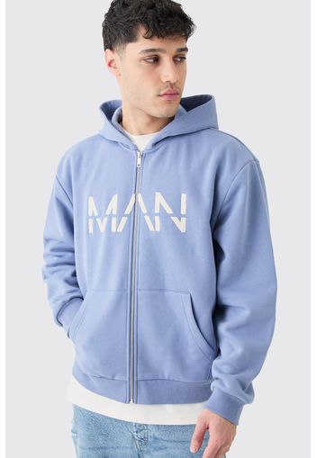 Oversized Boxy Zip Thru Man Dash Borg Applique Hoodie, Azzurro