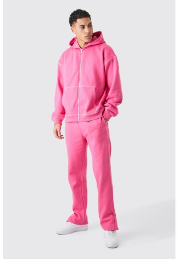 Oversized Contrast Stitch Zip Through Hooded Tracksuit, Pink