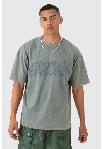 Oversized Acid Wash Man Embroidered Distressed T-shirt, Beige
