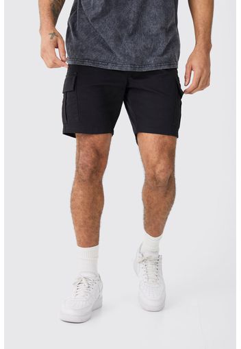 Elastic Waist Black Skinny Fit Cargo Shorts, Nero