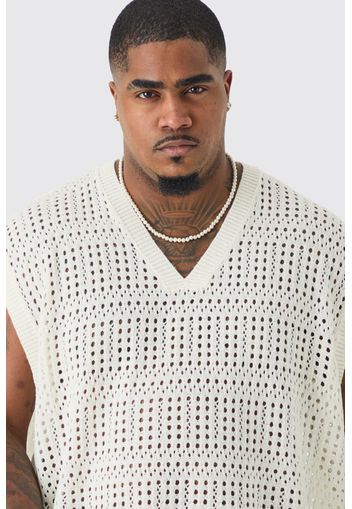 Plus Oversized Crochet Knit Sweater Vest In Ecru, Cream