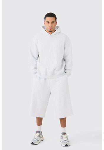 Oversized Hoodie And Long Line Shorts Set, Grigio