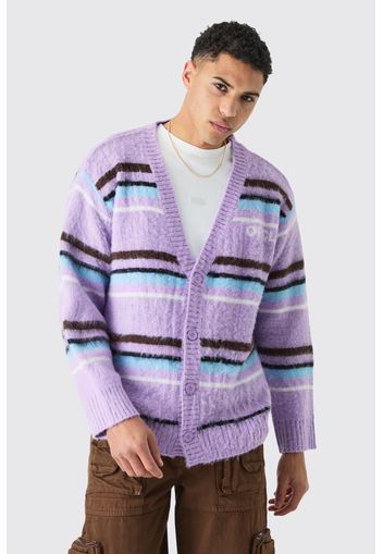 Boxy Fluffy Striped Knitted Cardigan In Lilac, Purple