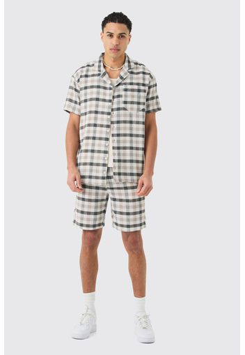 Oversized Mini Textured Check Shirt And Short, Nero