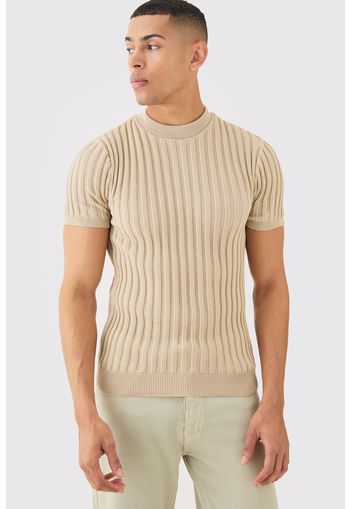 Muscle Fit Ribbed Knit T-shirt, Beige