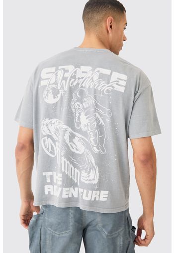 Oversized Wash Space Graphic T-shirt, Grigio