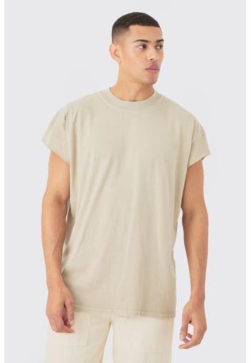 Oversized Wash Cut Off Sleeves T-shirt, Beige