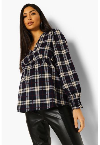 Maternity Check Puff Sleeve Wrap Blouse, Azzurro