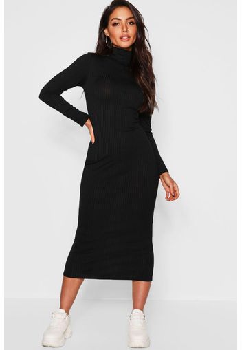 Jumbo Rib Roll Neck Midi Dress, Nero