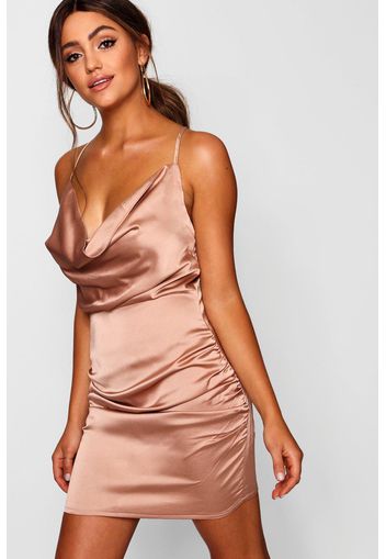 Florence Satin Cowl Neck Bodycon Dress, Beige