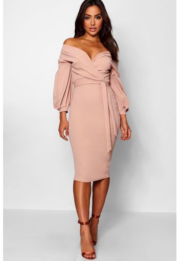 Off the Shoulder Wrap Midi Dress, Beige