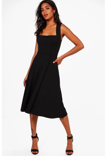 Square Neck Midi Skater Dress, Nero