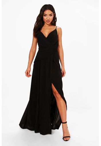 Slinky Wrap Ruched Strappy Maxi Bridesmaid Dress, Nero