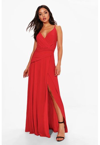 Slinky Wrap Ruched Strappy Maxi Bridesmaid Dress, Rosso