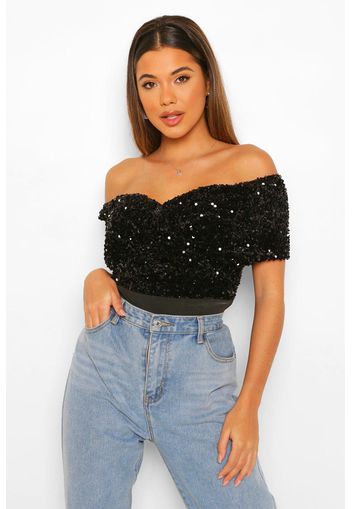 Velvet Sequin Off The Shoulder Bodysuit, Nero