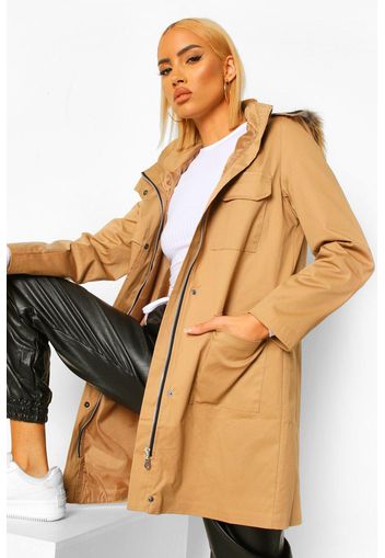 Pocket Detail Faux Fur Trim Parka, Beige