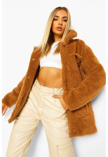 Oversized Teddy Faux Trucker Jacket, Beige