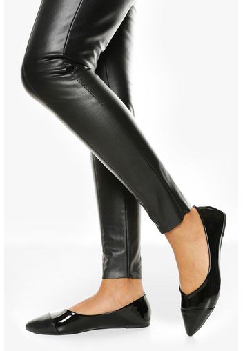 Patent Pointed Toe Cap Ballet Pumps, Nero