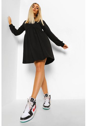 Loopback Long Sleeve Smock Dress, Nero