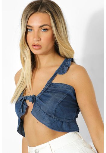 Ruched Ruffle Halterneck Denim Top, Azzurro