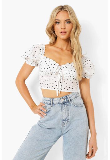 Polka Dot Woven Puff Sleeve Crop Top, Bianco