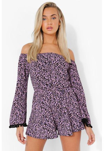 Floral Pom Pom Bardot Playsuit, Purple