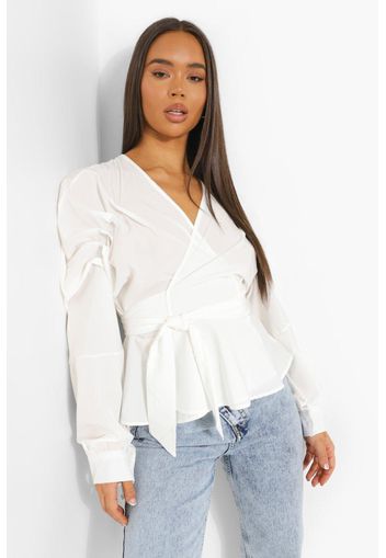 Ruched Sleeve Wrap Front Blouse, Bianco