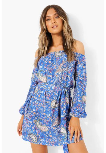 Paisley Print Bardot Belted Shift Dress, Azzurro